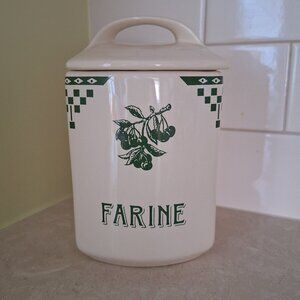 FRENCH COUNTRY FLOUR CERAMIC JAR - FARINE / FLOUR - GREEN and IVORY